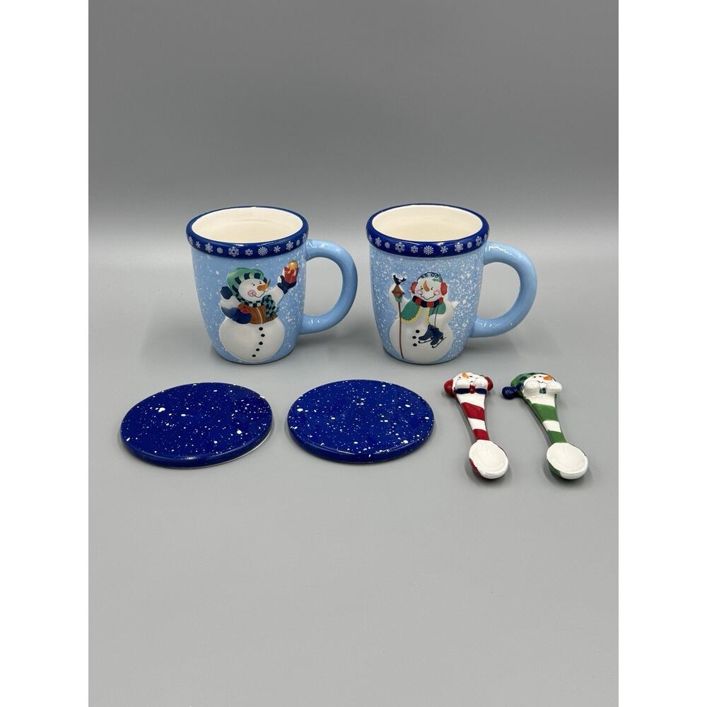 Snowman Christmas Holiday Mug Set W/ Spoons And Coasters WMG 2012